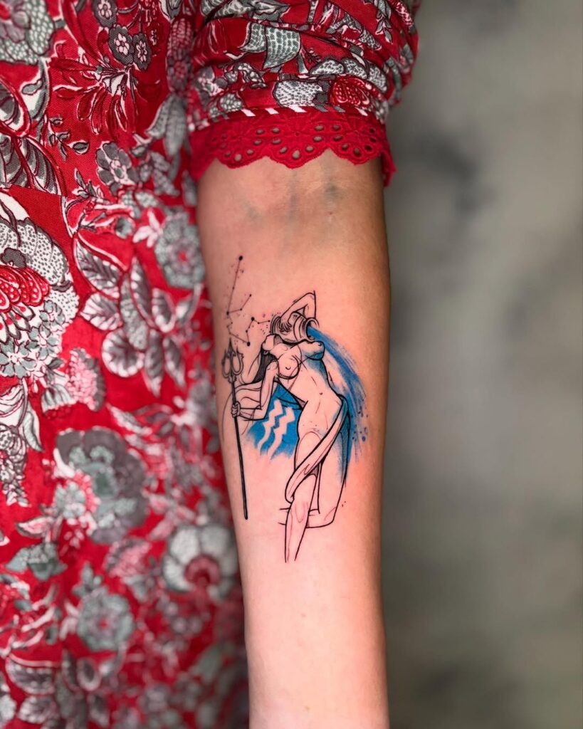 Dynamic Aquarius Water Bearer Tattoo with Blue Accents Tattoo Design