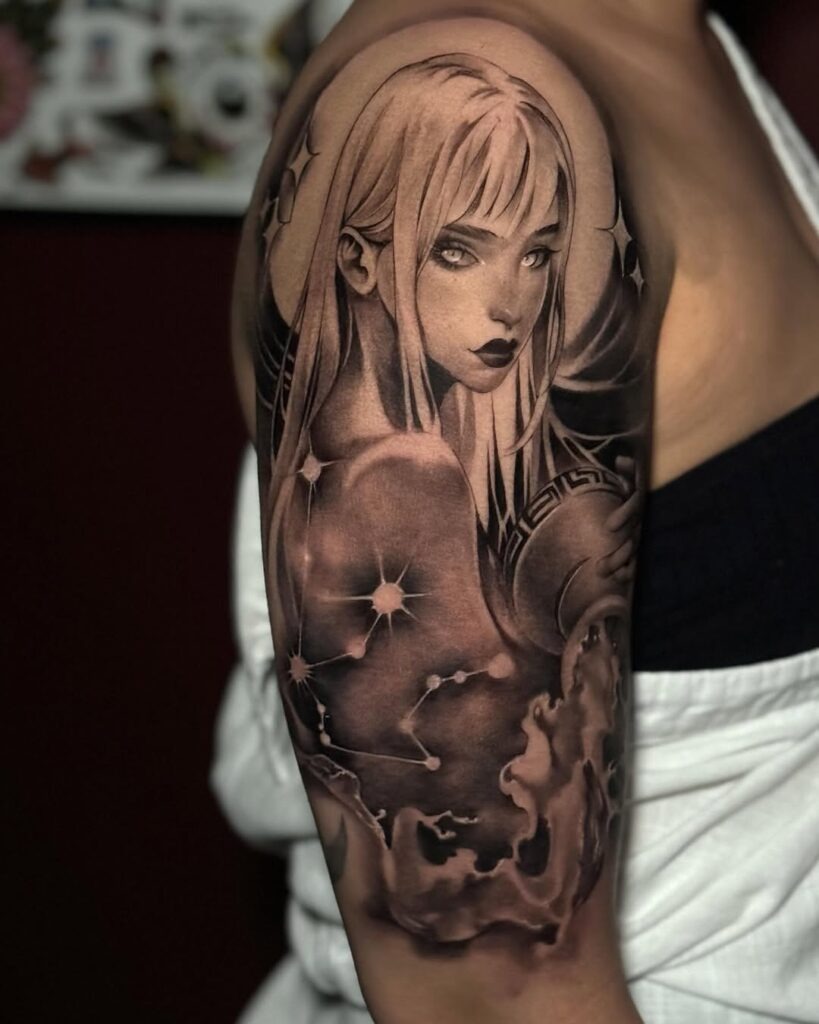 Ethereal Aquarius Goddess Tattoo with Constellation and Cosmic Details Tattoo Design