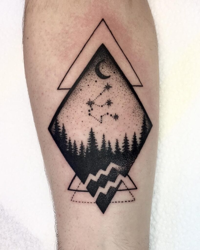 Geometric Aquarius Night Sky Tattoo with Forest and Stars Tattoo Design