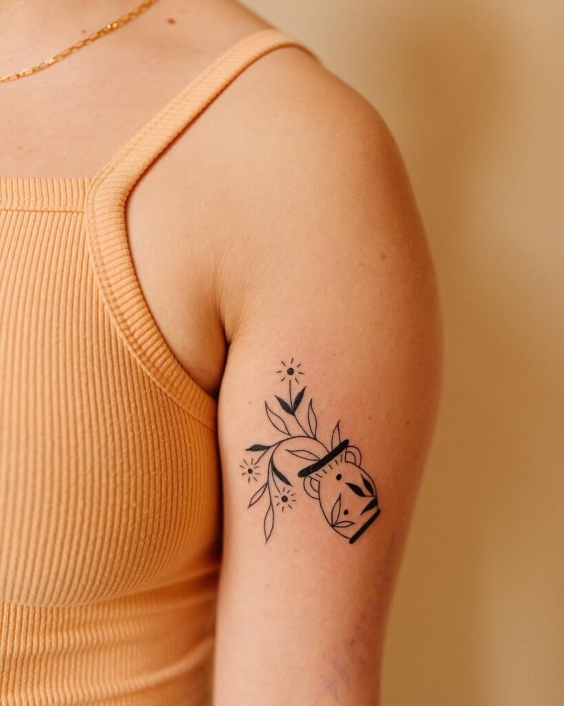 Minimalist Aquarius Floral Vase Tattoo with Leafy Accents Tattoo Design