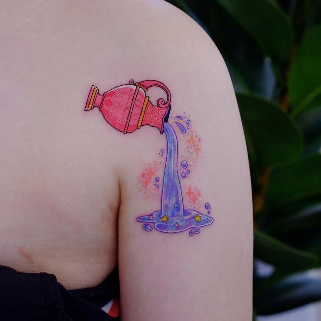 Vibrant Aquarius Water Jar Tattoo with Flowing Stars Tattoo Design
