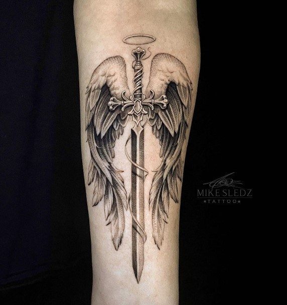 Abstract Archangel with Crescent Motif Tattoo Design