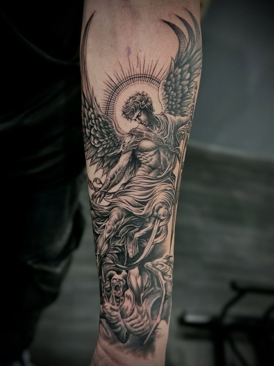 Archangel in Radiant Halo Composition Tattoo Design