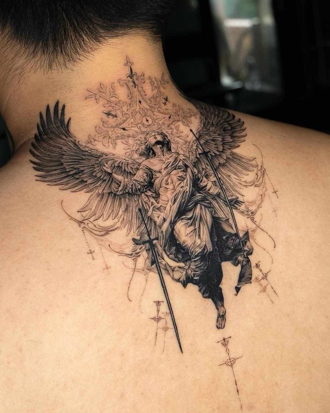 Ascending Archangel Across the Upper Back Tattoo Design