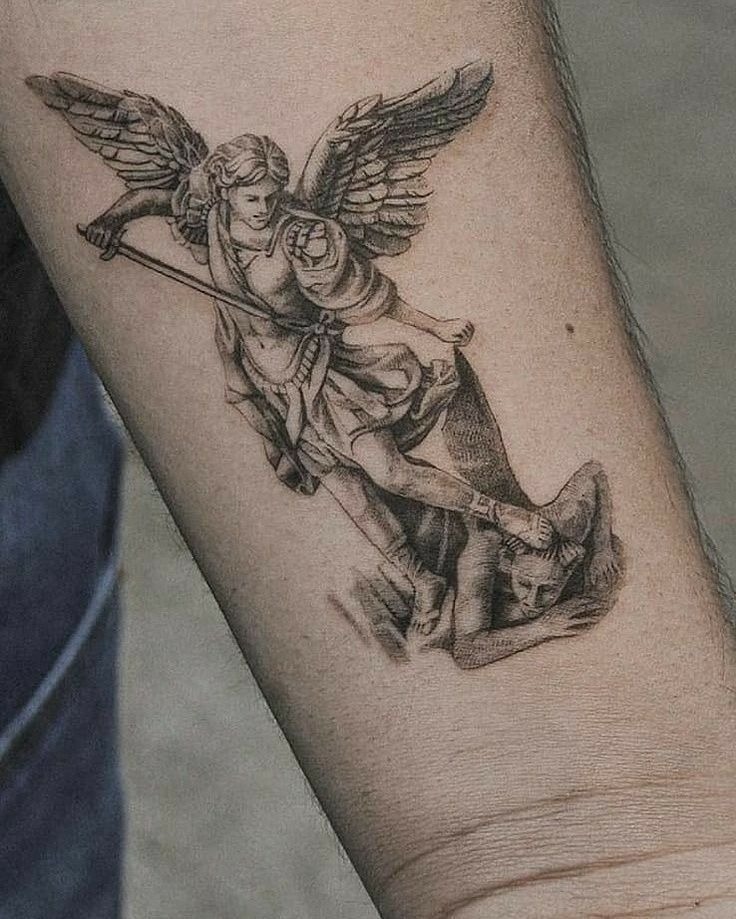 Classic Saint Michael in Dynamic Battle Pose Tattoo Design