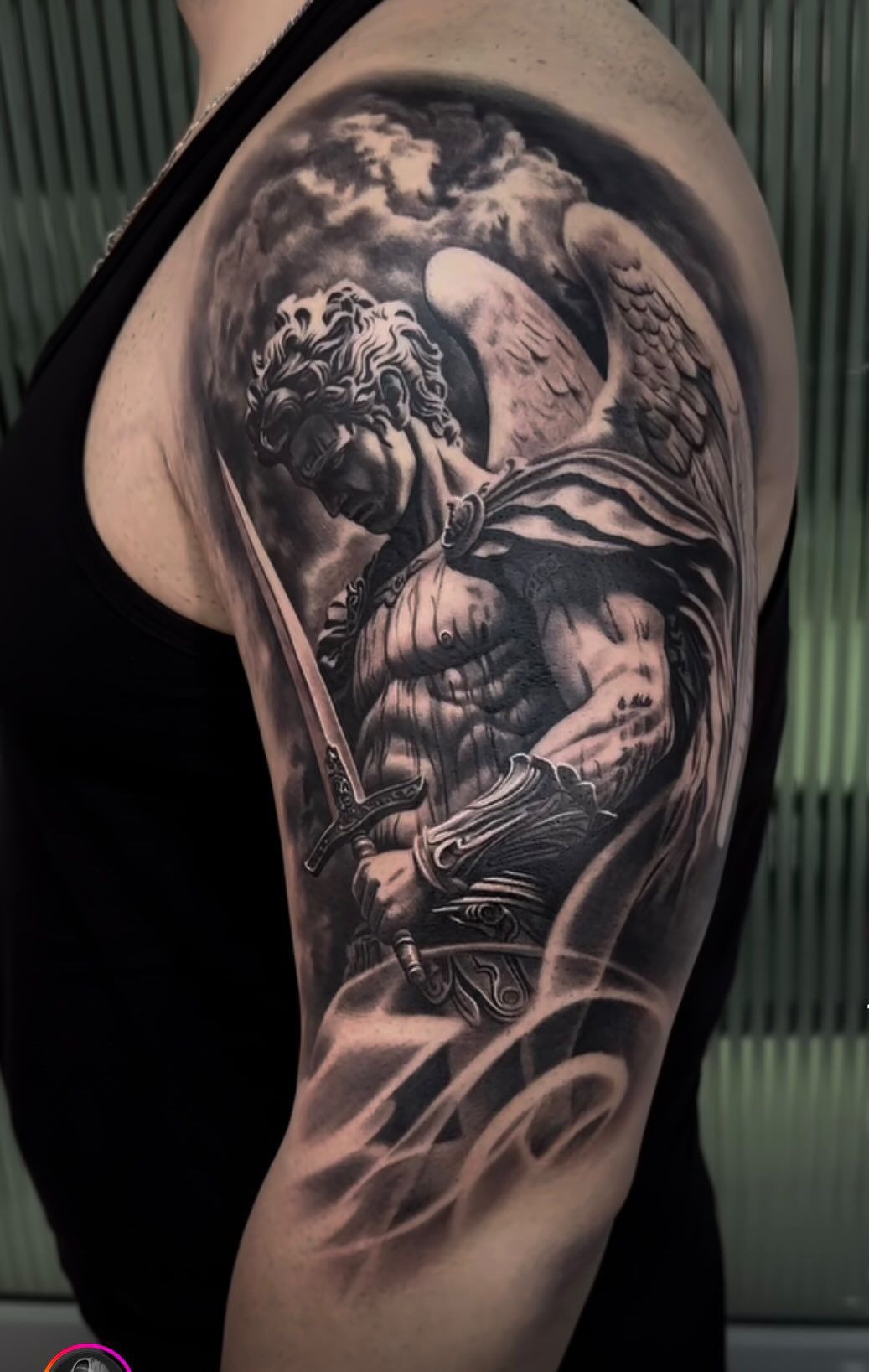 Colorful Archangel Michael in Flight Tattoo Design
