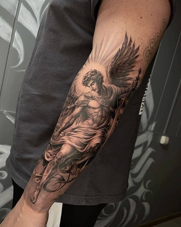 Dark Archangel with Sword and Mystery Tattoo Design