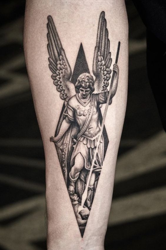 Geometric Archangel Guardian with Spear Tattoo Design