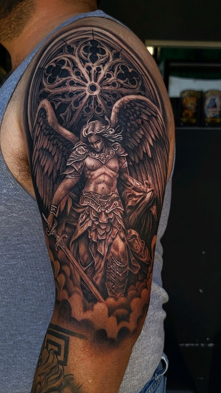 Ornate Archangel Sleeve with Cathedral Motif Tattoo Design