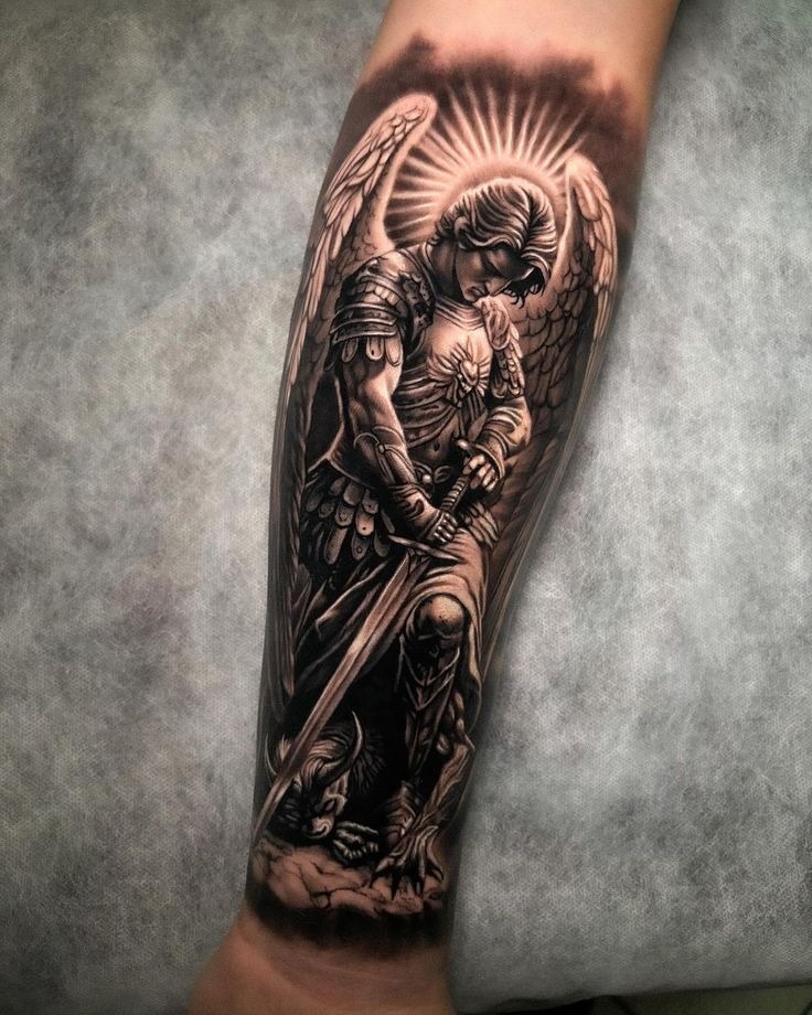 Saint Michael Standing Victorious Tattoo Design