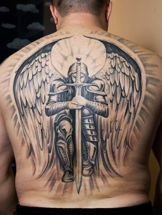 Saint Michael the Warrior in Shadowed Realism Tattoo Design
