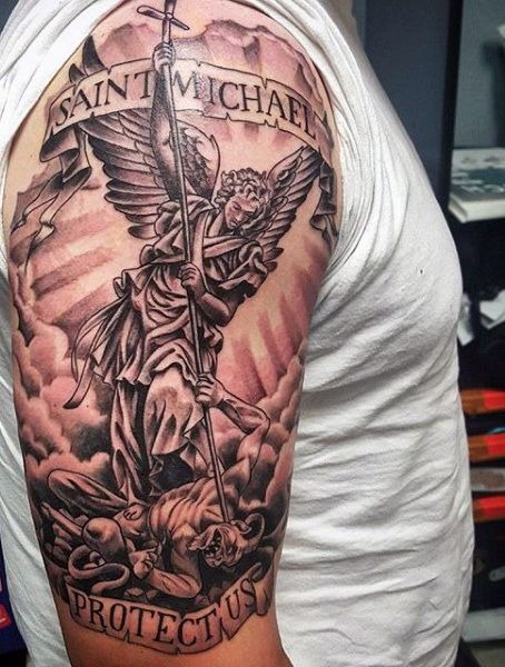 Saint Michael with Traditional Script Banner Tattoo Design