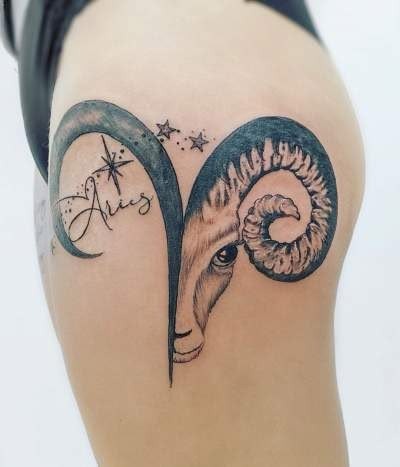 Aries Script and Star Ram Tattoo Design