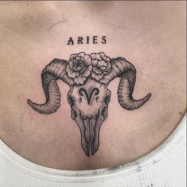 Aries Skull with Floral Crown Tattoo Design
