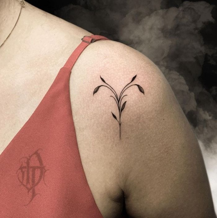 Floral Aries Outline on Shoulder Tattoo Design