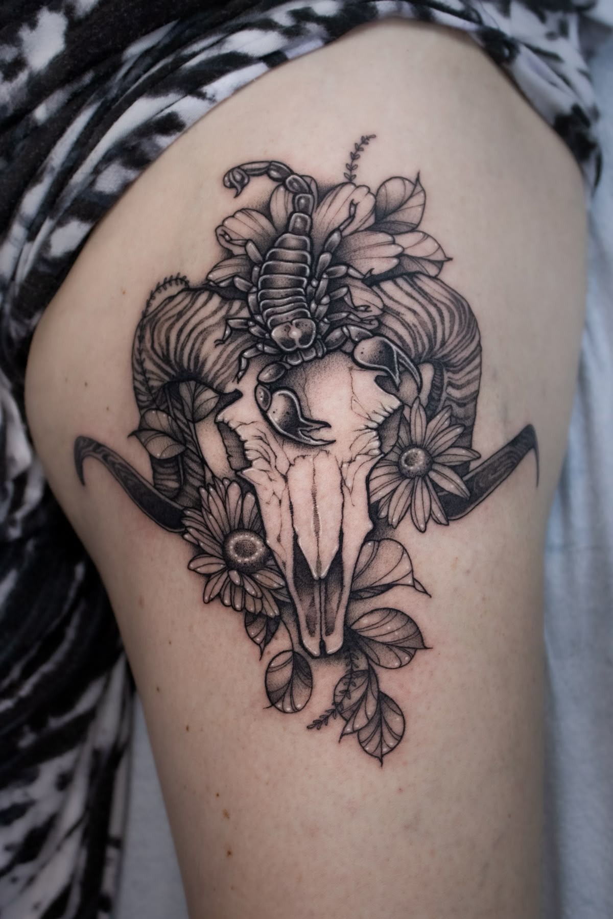 Ram Skull with Scorpion and Florals Tattoo Design