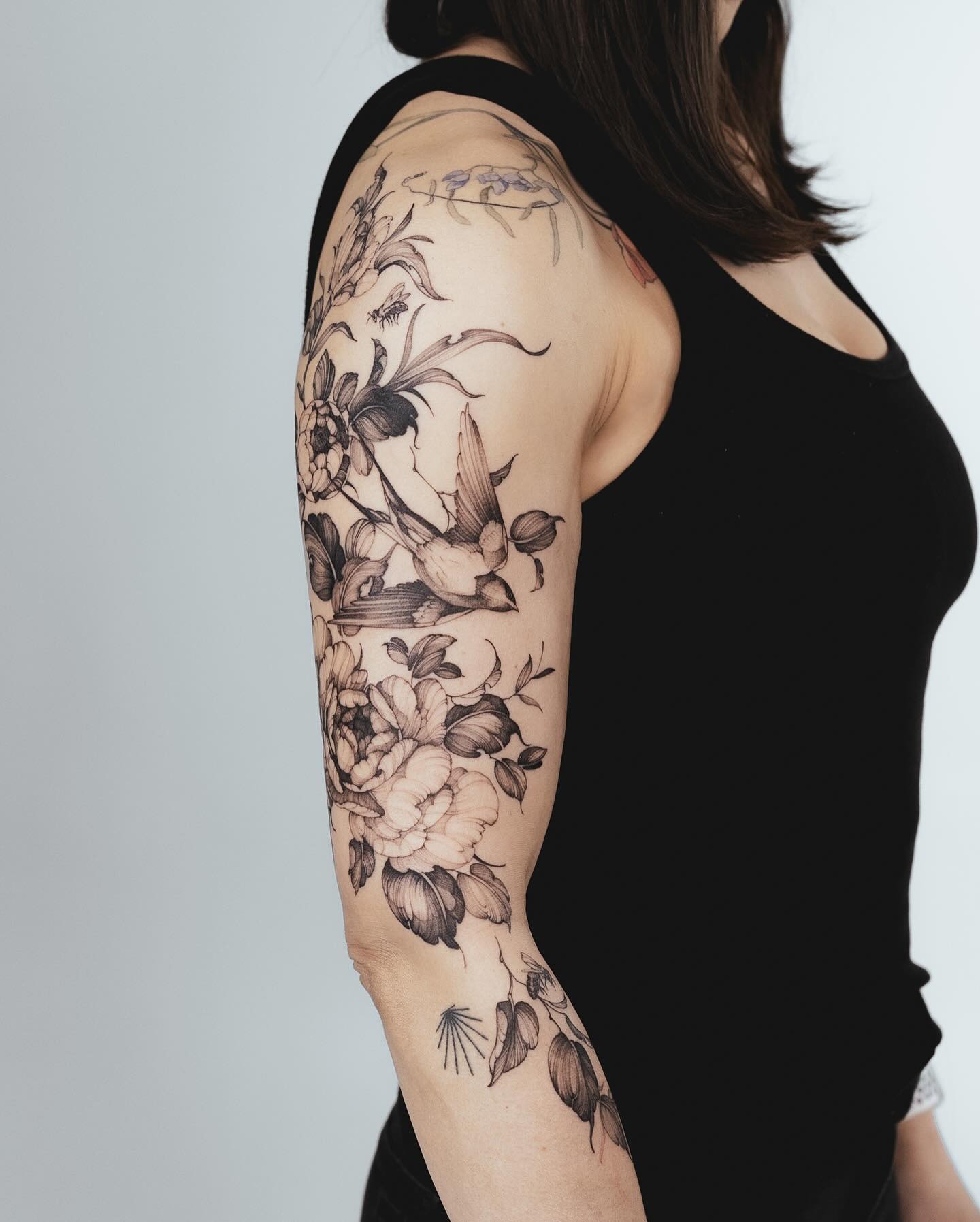 Floral Sleeve With Swallow Tattoo Tattoo Design