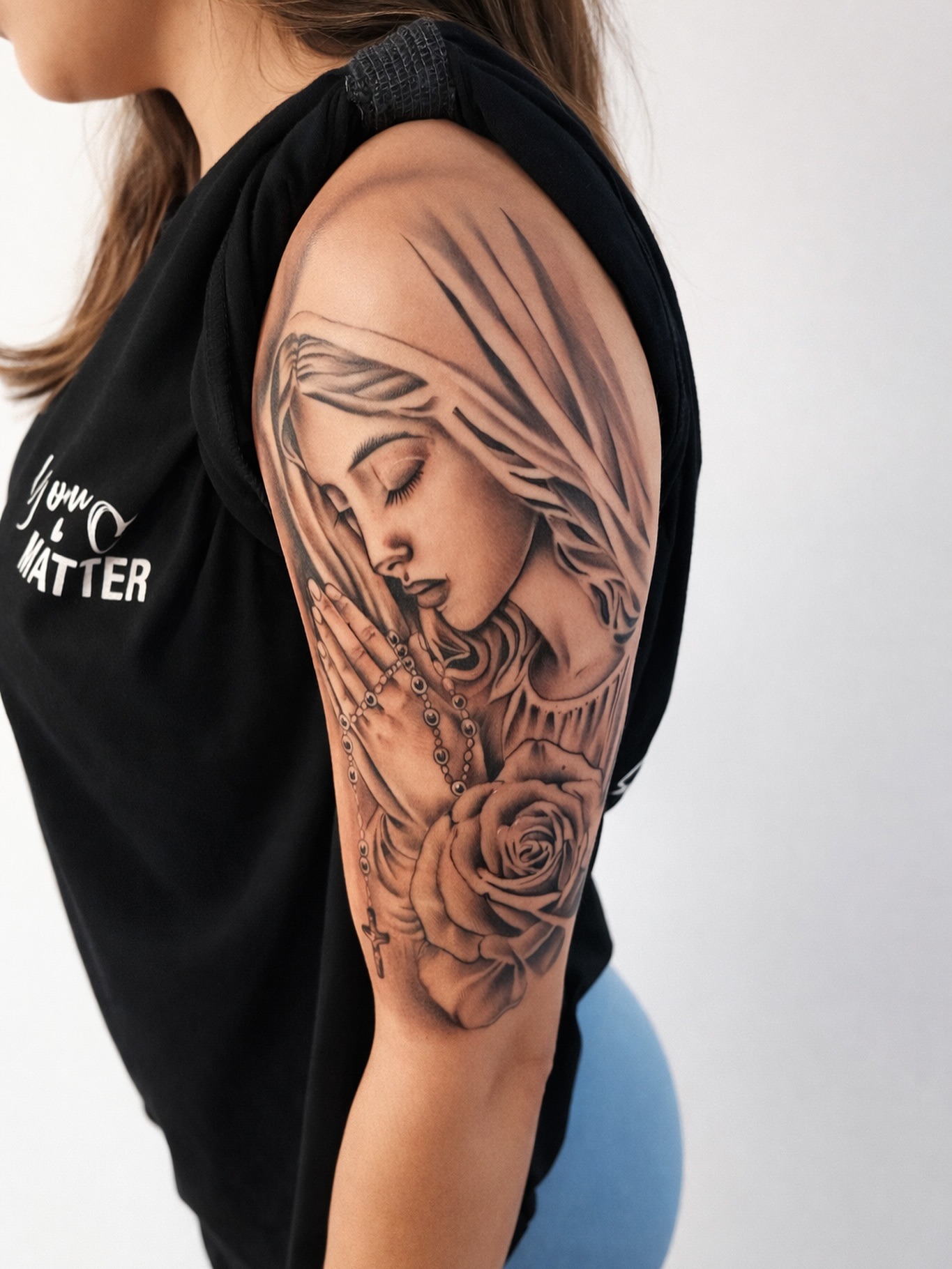Praying Virgin Mary and Rose Tattoo Tattoo Design