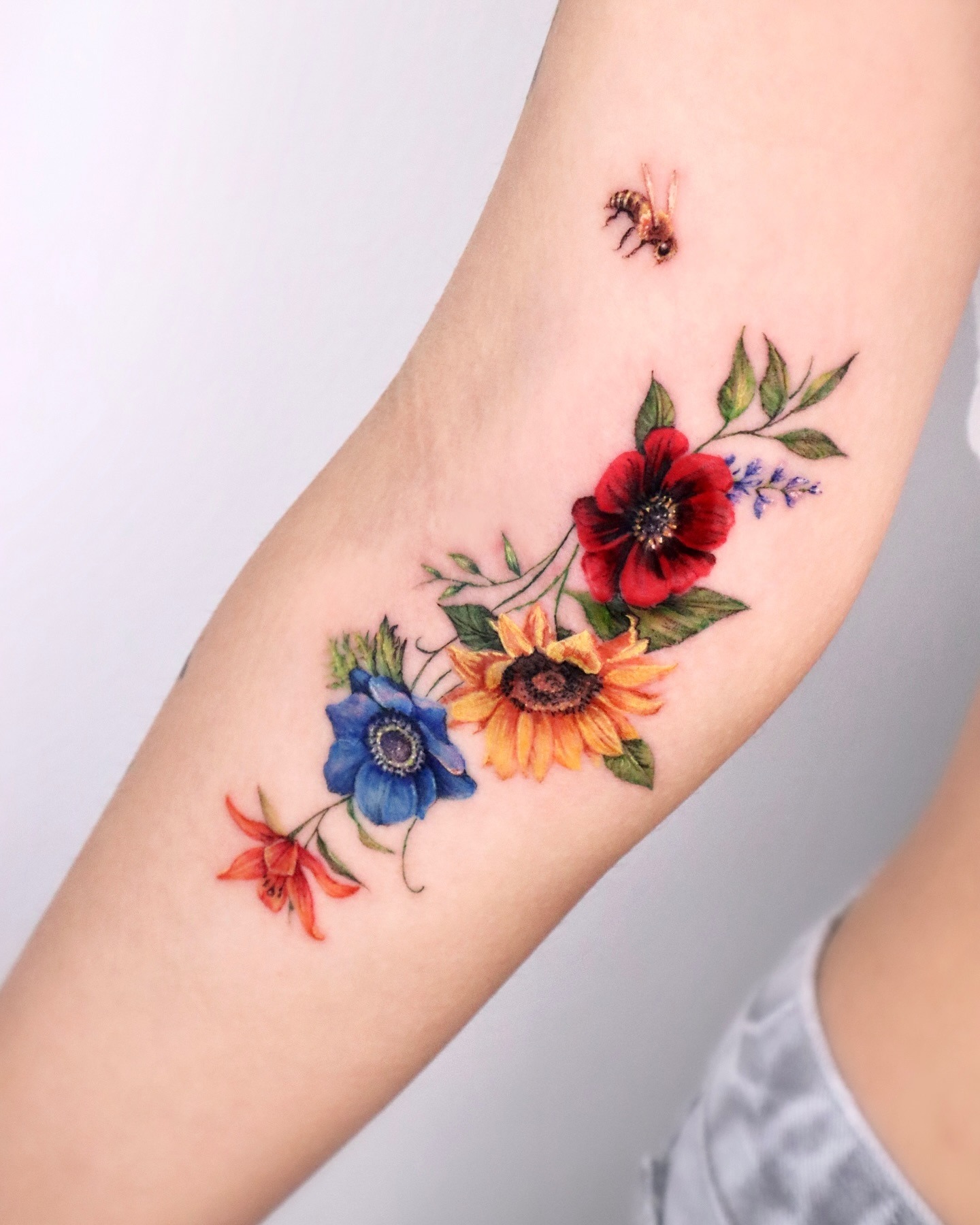 Wildflower Bouquet and Honeybee Tattoo Tattoo Design