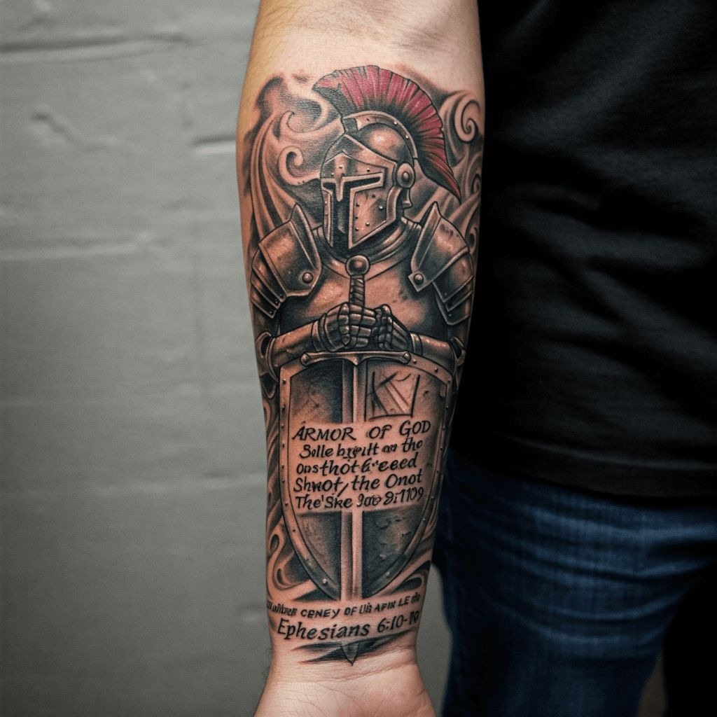 Full Sleeve Medieval Armour Fancy Etching Tattoo Design