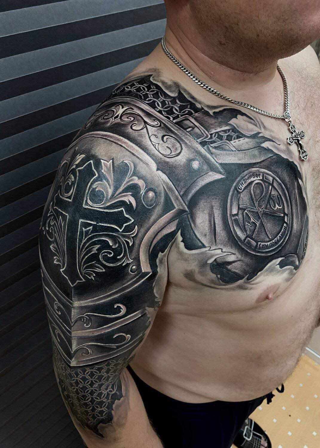 Layered Steel Forearm Armor Design Tattoo Design