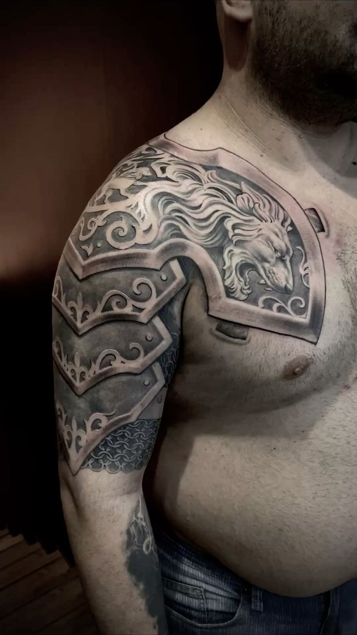 Ornate Lion Shoulder Armor Tattoo Tattoo Design