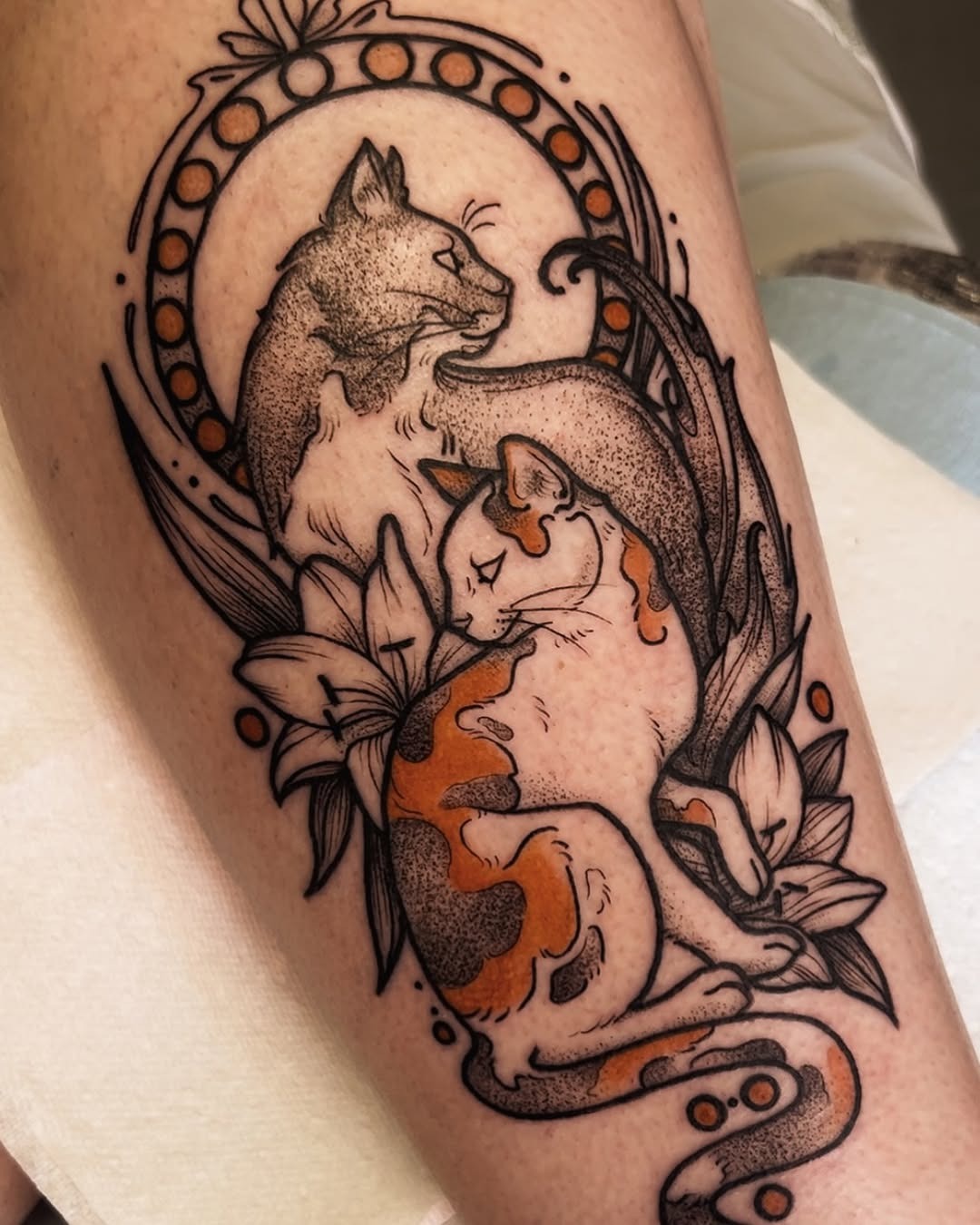 Elegant art nouveau cats in floral design Tattoo Design