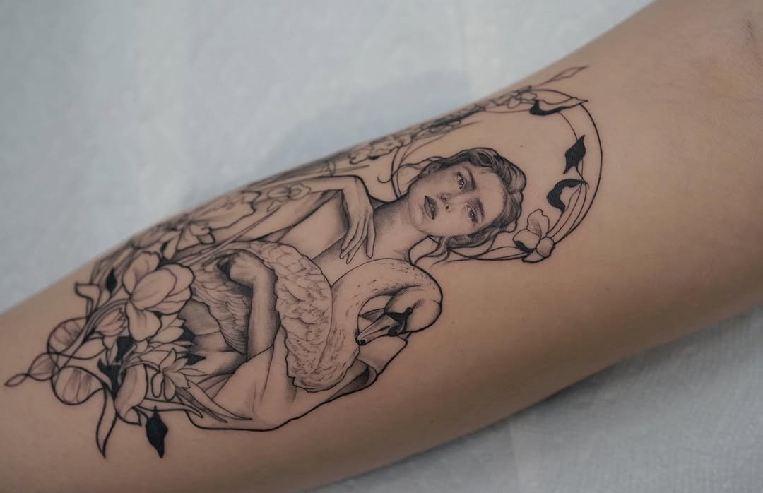 Elegant art nouveau tattoo featuring swan and figure Tattoo Design