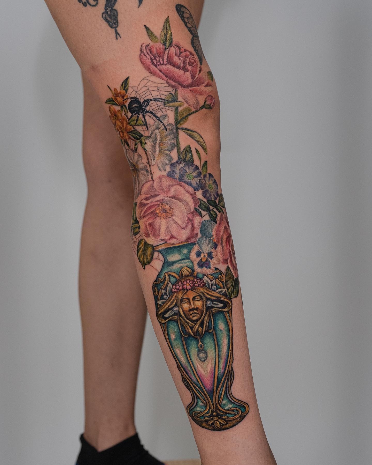 Stunning art nouveau floral leg tattoo design Tattoo Design