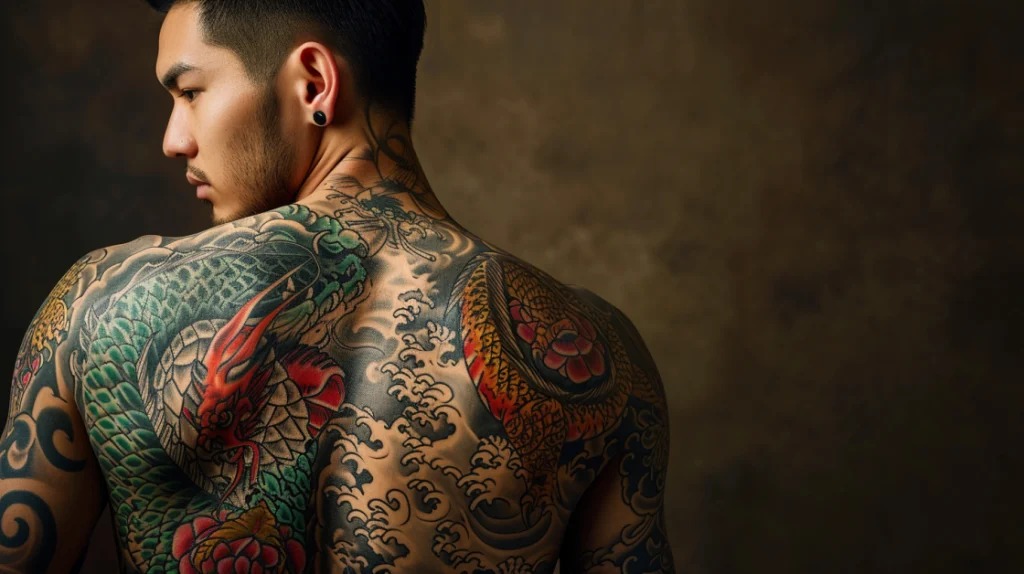A masterpiece of color and detail, this full-back dragon tattoo is a stunning example of Japanese tattoo artistry.