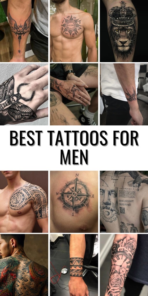 This chest tattoo collection is a mix of neo-traditional designs, featuring a butterfly, a snake, a sacred heart, and other symbolic elements.