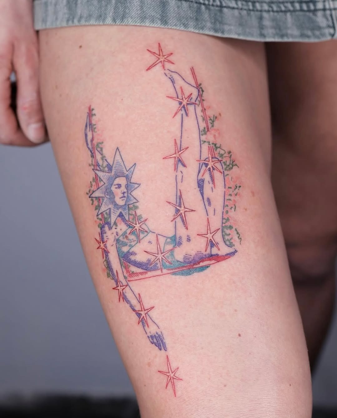 Celestial-inspired tattoo on thigh shines brightly Tattoo Design