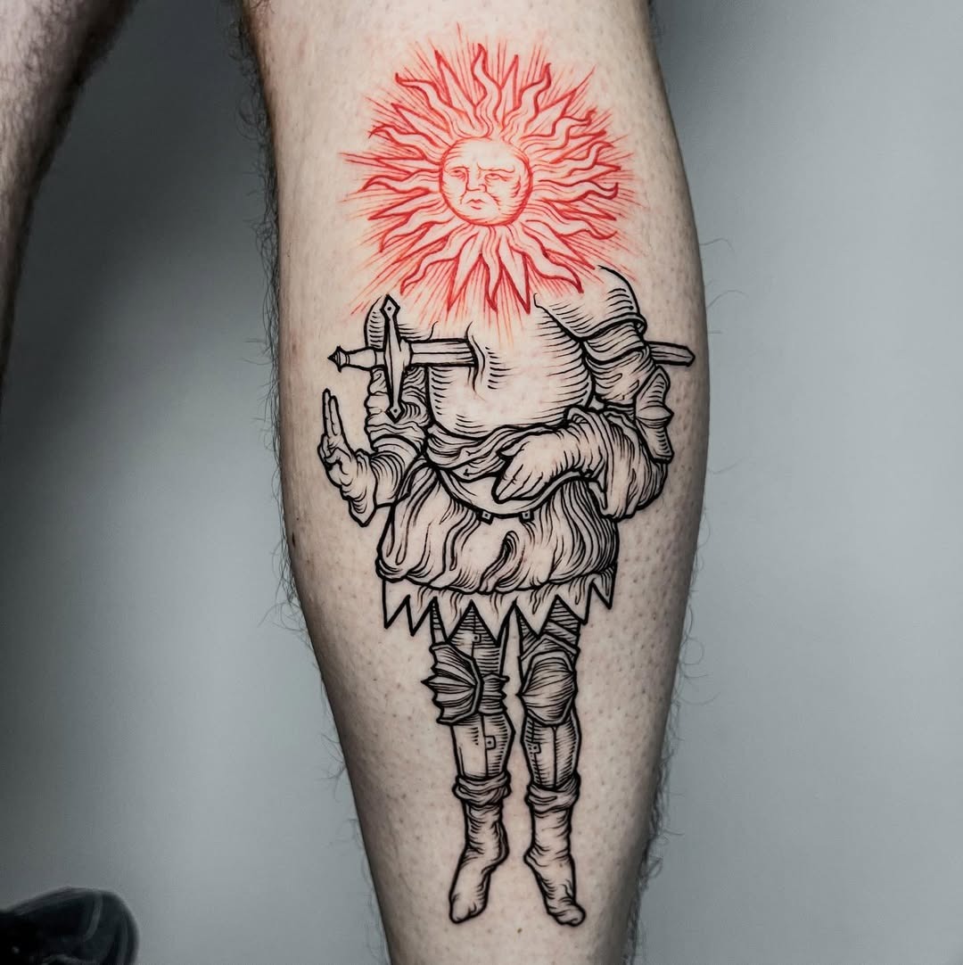 Epic tattoo of a sun-themed warrior character Tattoo Design