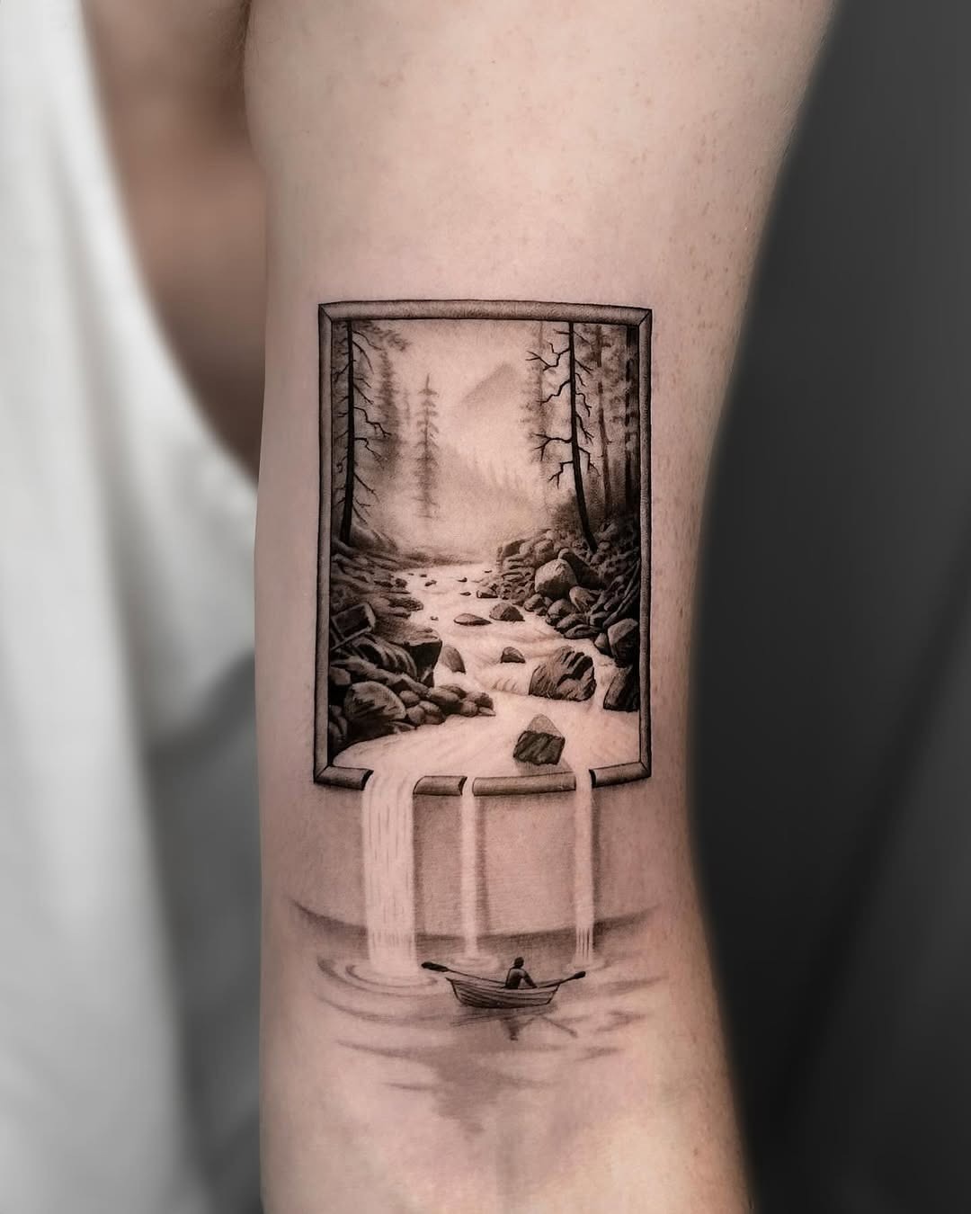 Framed waterfall tattoo with serene boat scene Tattoo Design