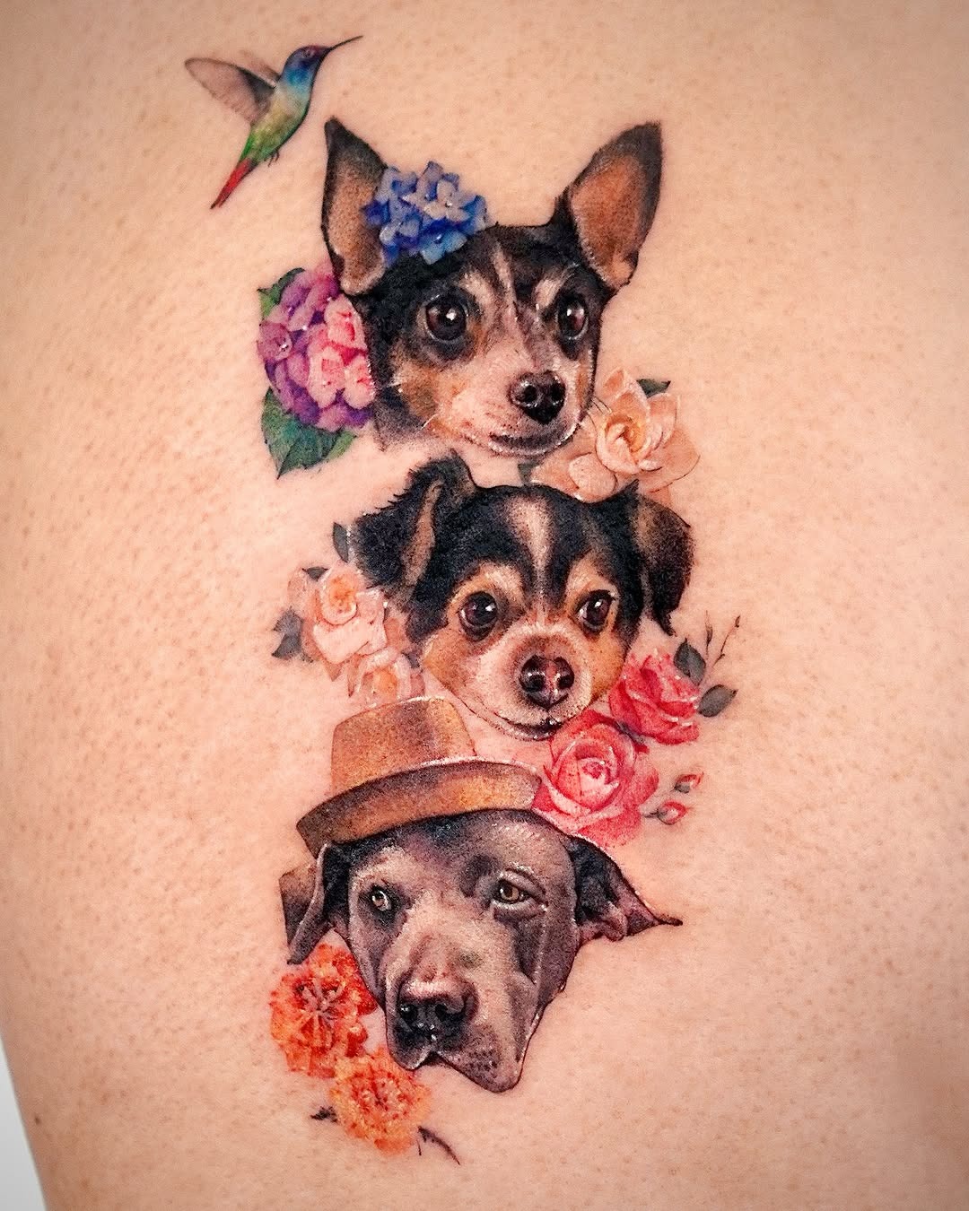 Whimsical pet tattoo surrounded by flowers Tattoo Design