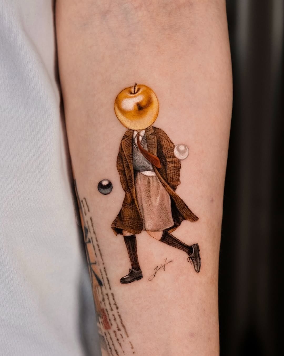 Whimsical tattoo of a man with an apple head Tattoo Design