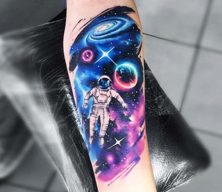 Astronaut and Lunar Realism Sleeve Tattoo Design