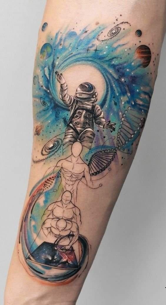 Astronaut with Planet Balloons Tattoo Design