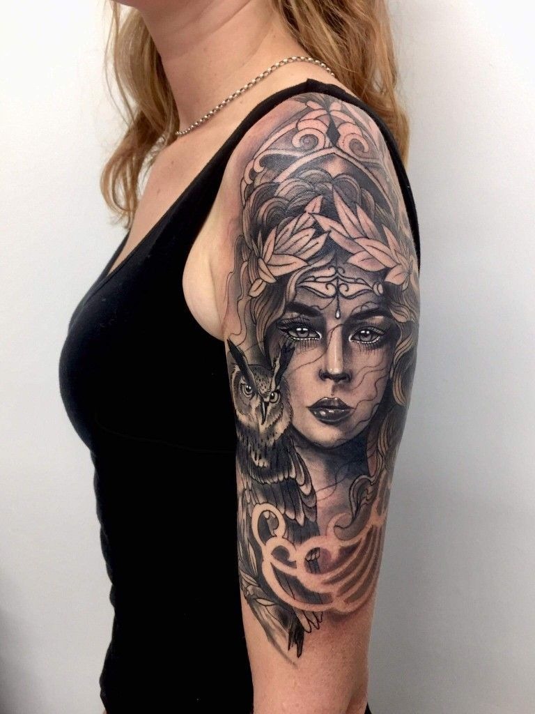 Athena and Owl of Wisdom Half-Sleeve Tattoo Design