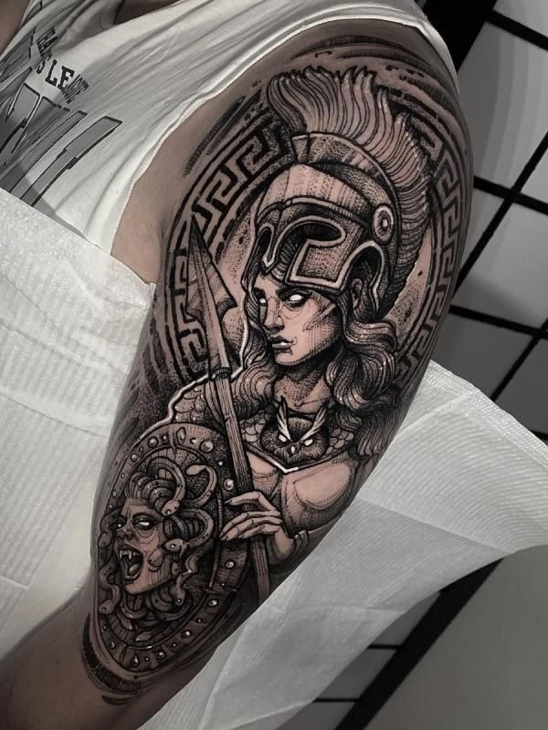 Dark Medusa Shield Athena Sleeve Tattoo Design