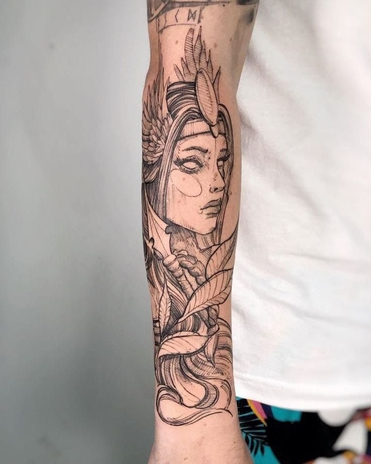 Fine Line Laurel Athena Forearm Piece Tattoo Design