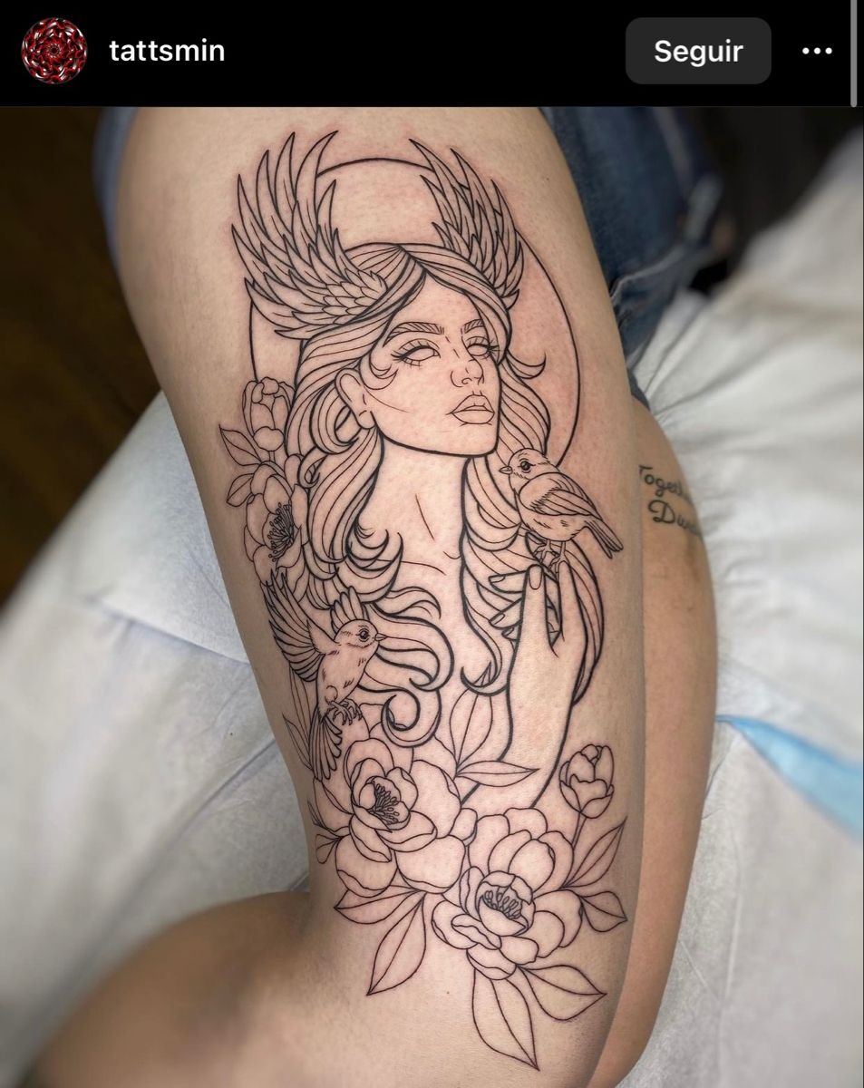 Floral Linework Athena Thigh Tattoo Tattoo Design