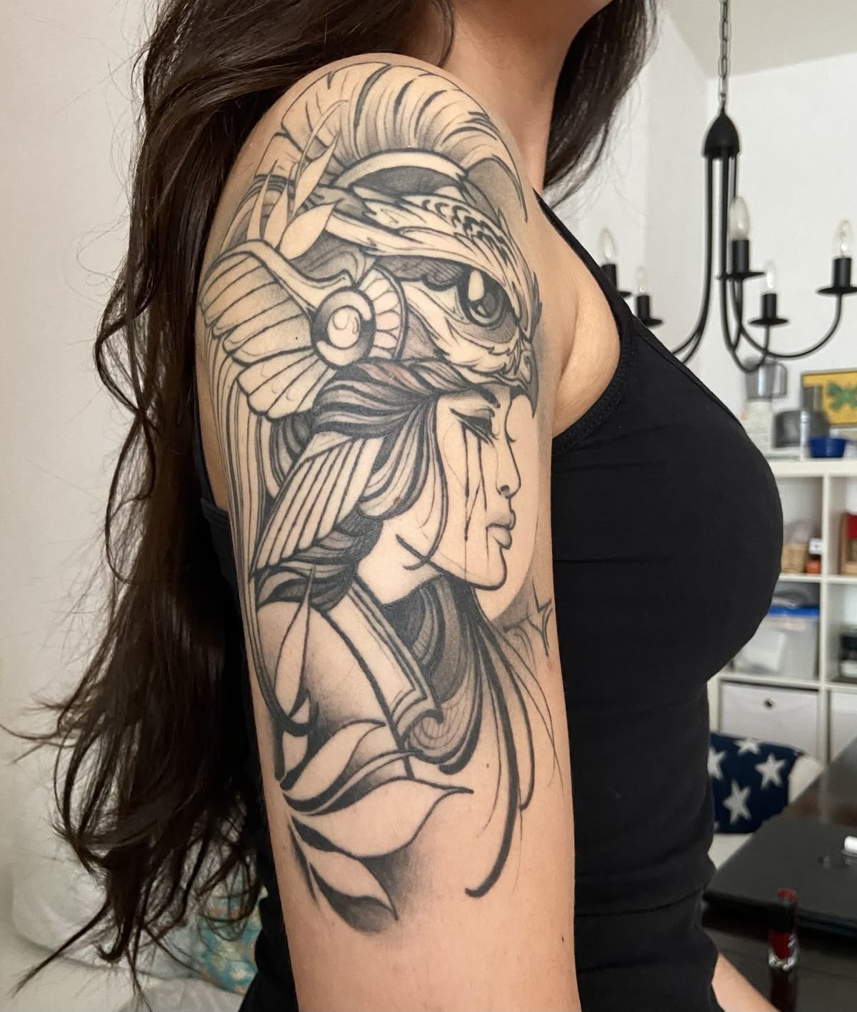 Flowing Helmeted Athena Shoulder Tattoo Tattoo Design