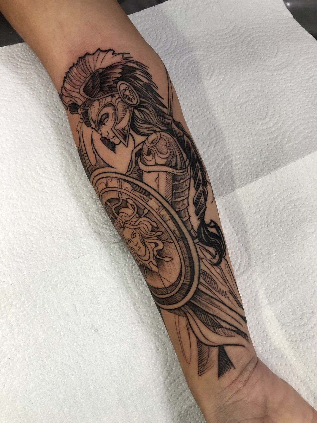 Full-Armor Athena Forearm Warrior Tattoo Tattoo Design