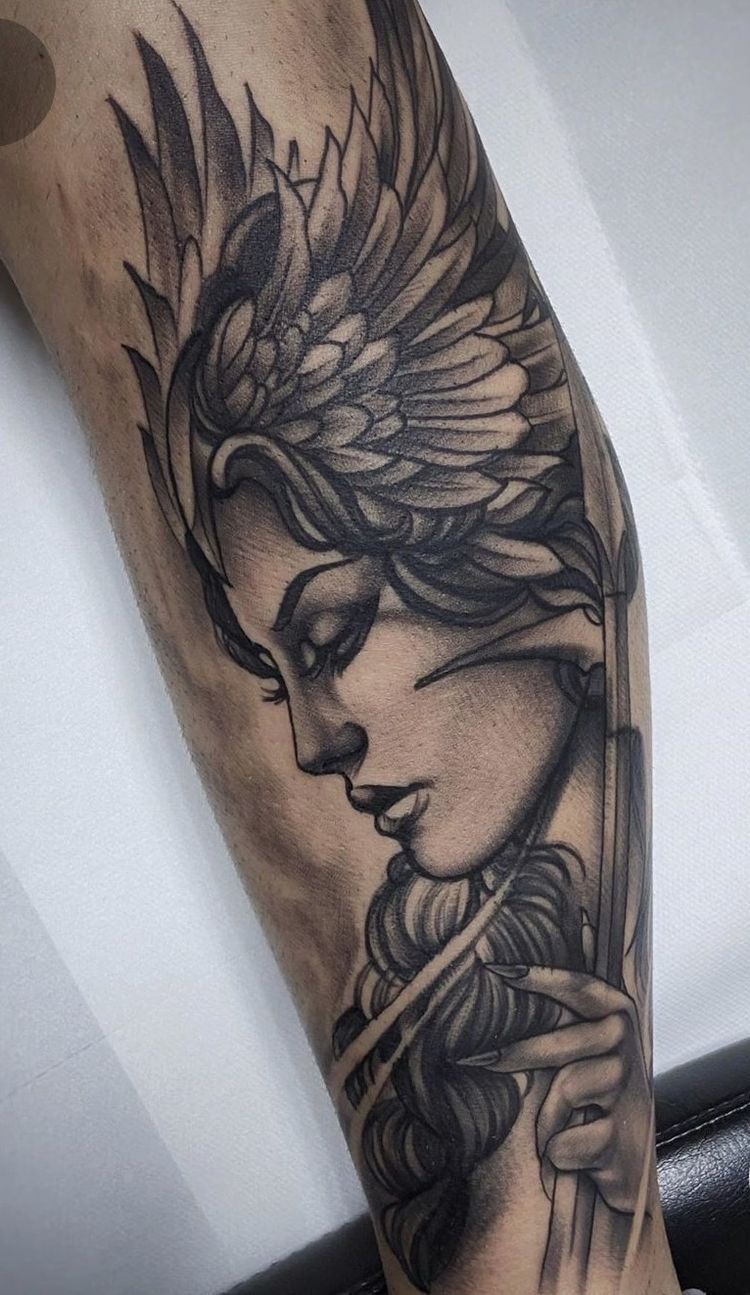 Laurel-Crowned Warrior Muse Linework Tattoo Tattoo Design