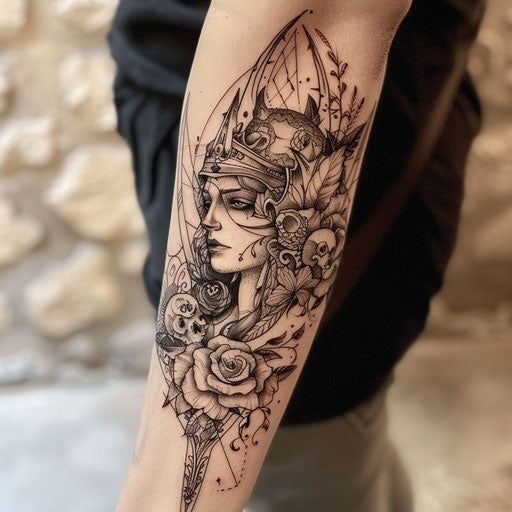 Ornate Athena Goddess Sleeve With Florals Tattoo Design