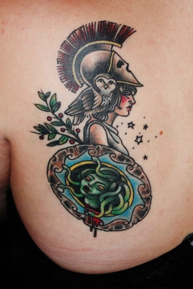 Playful Athena and Medusa Back Tattoo Tattoo Design