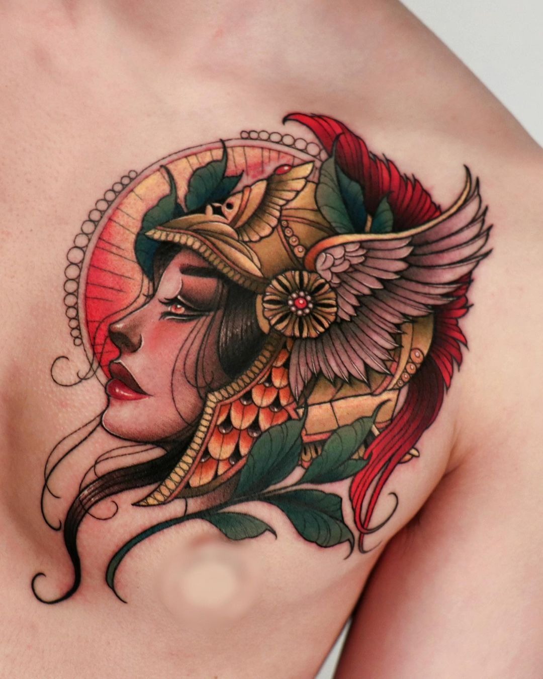 Radiant Gold Athena Chest Cameo Tattoo Design