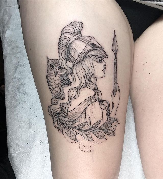 Soft Line Athena and Owl Thigh Tattoo Tattoo Design