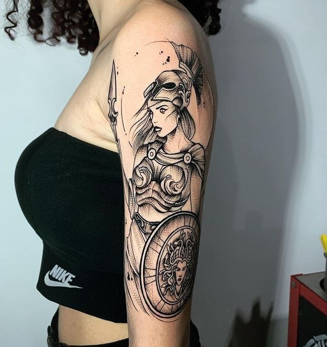 Spear and Shield Athena Linework Arm Tattoo Tattoo Design